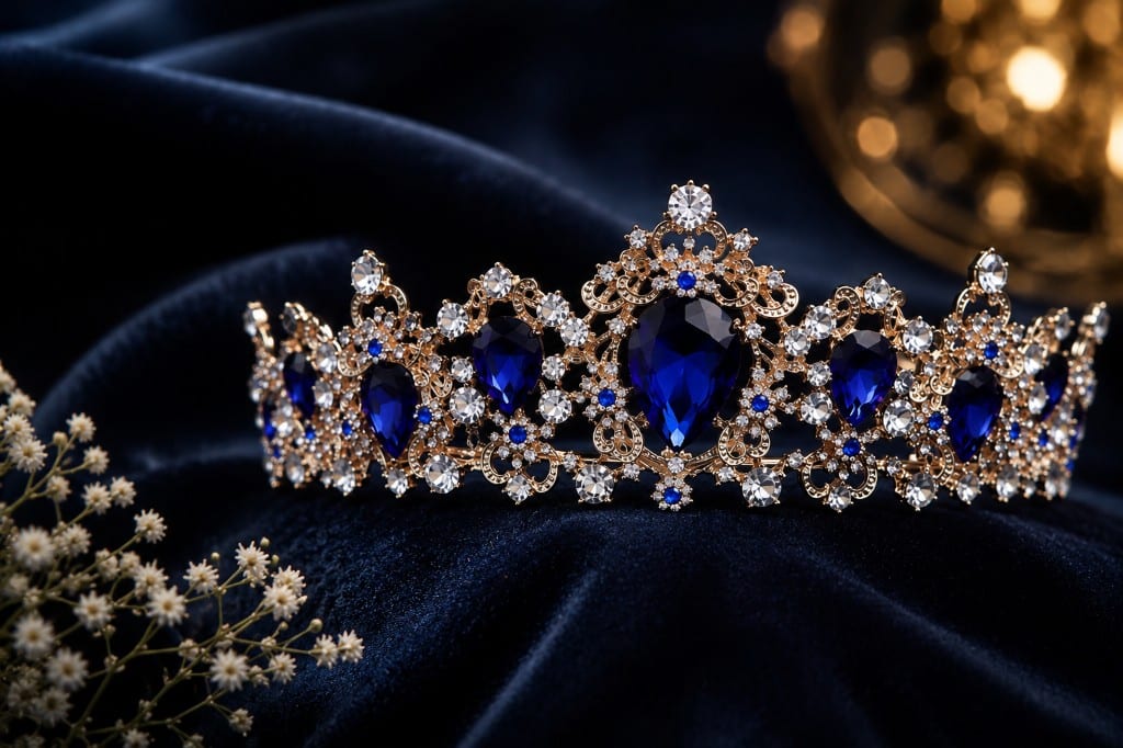 Sapphire and gold tiara on navy velvet — Undaunted Treasure Trove showstopper jewelry