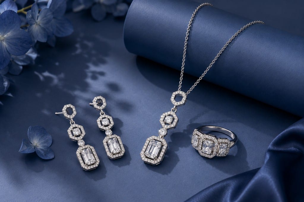 Emerald-cut diamond necklace, earrings and ring set — statement jewelry from Undaunted Treasure Trove