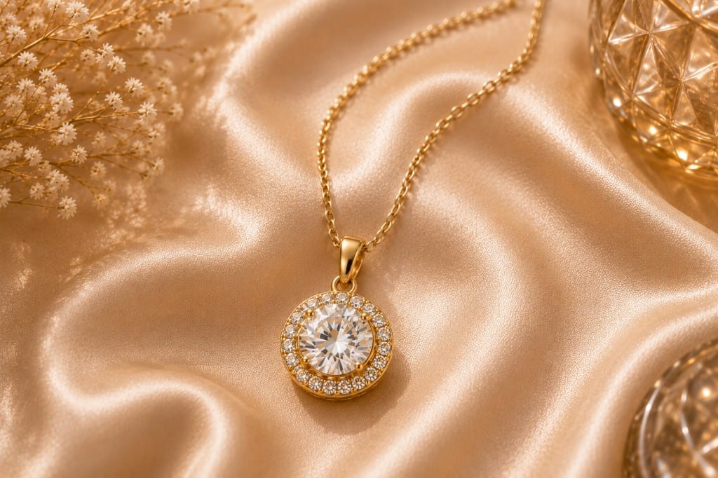 Gold halo pendant necklace on champagne silk — everyday elegance from Undaunted Treasure Trove